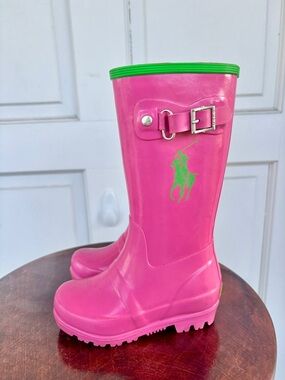 Polo Ralph Lauren Toddler Rain Boots Size 8 Pink Green Pony Waterproof